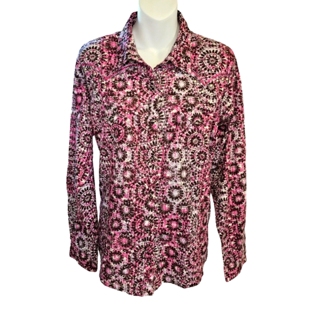★ WRANGLER ★ ROCK 47 ★ Pink & Silver Studded Snap Closure Western Cowgirl SZ L